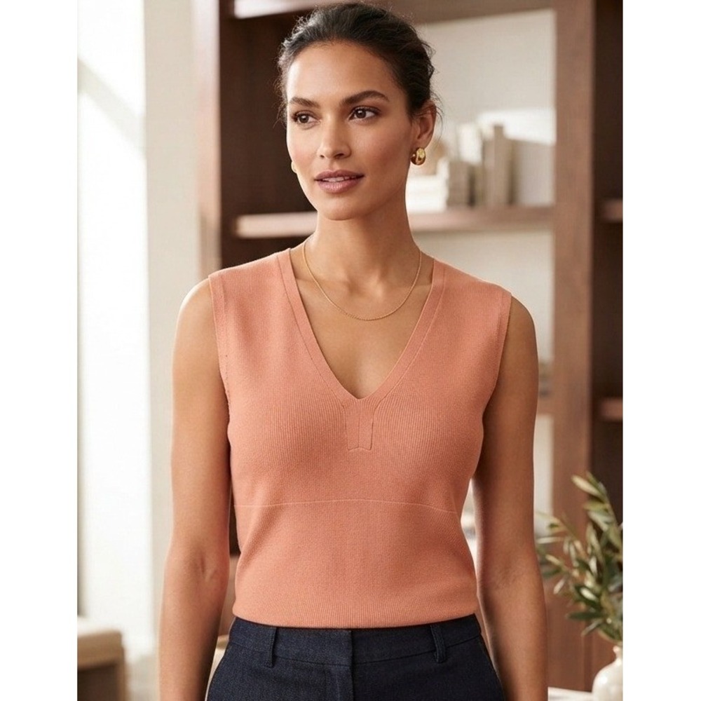 Talbots Knit V Neck Sleeveless Tank Sweater Top Women M Silk Blend Peach Stretch